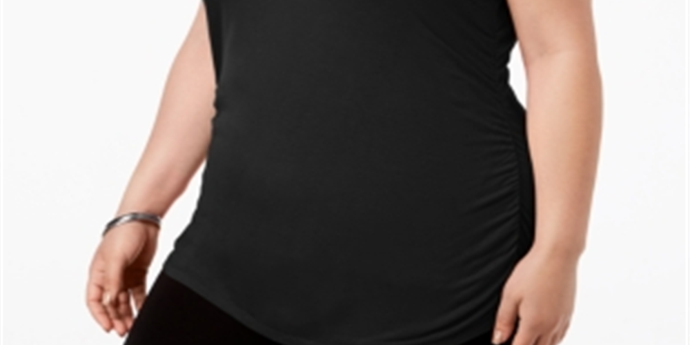 INC International Concepts Regata feminina plus size franzida com decote em V, preta, tamanho M