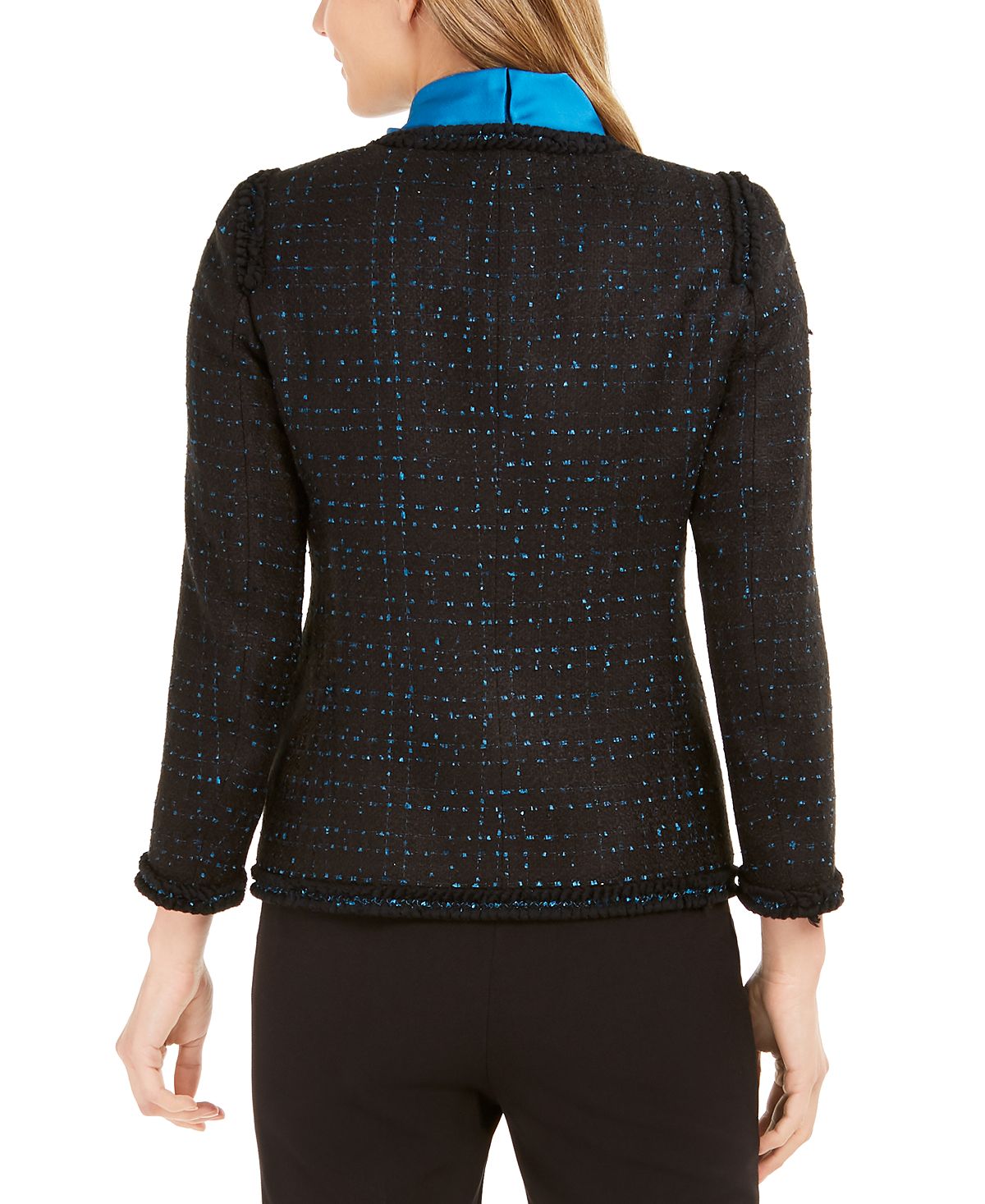 Blazer feminino Anne Klein com acabamento metálico e babados, preto, tamanho 0