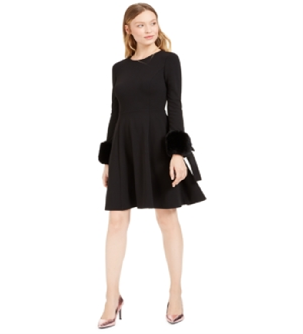 Vestido Calvin Klein Feminino com Punhos e Mangas Curtas e Pele Sintética, Preto, Tamanho 4P