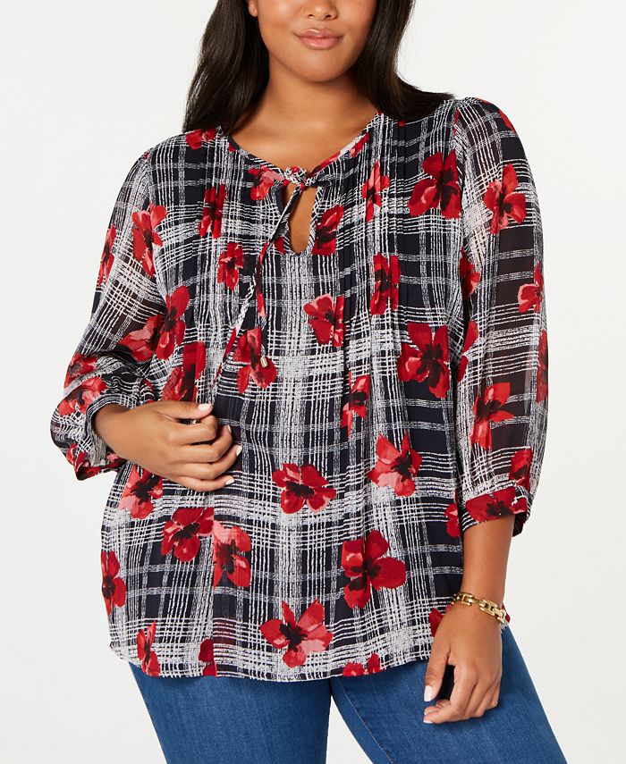 Blusa Tommy Hilfiger Plus Wear Feminina para Trabalho com Amarração no Pescoço Azul Tamanho 0X