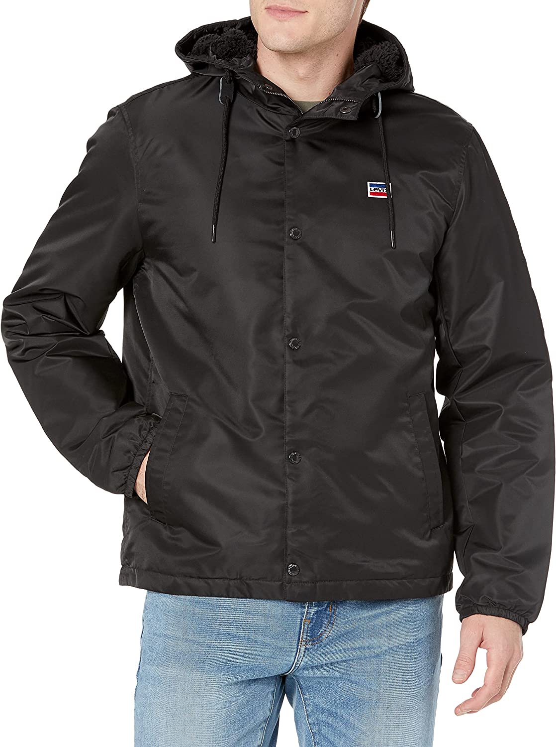 Levi's Flight Satin Coaches com capuz Sherpa Bunny, masculino, preto, tamanho pequeno