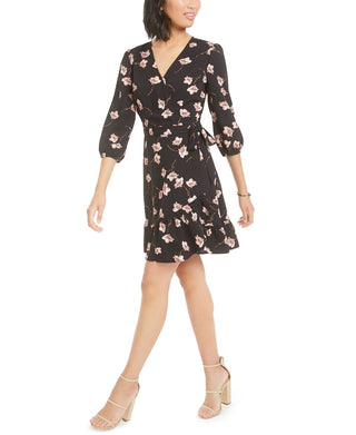Vestido envelope feminino Bar III com estampa floral, preto, tamanho P