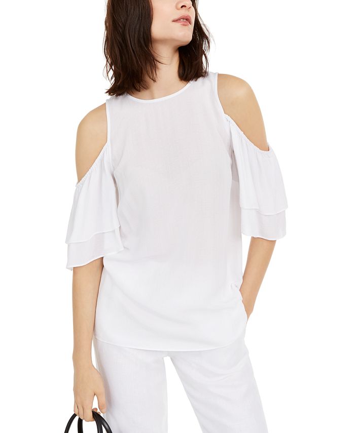 Blusa feminina Michael Kors com manga bufante e ombro vazado, branca, tamanho M