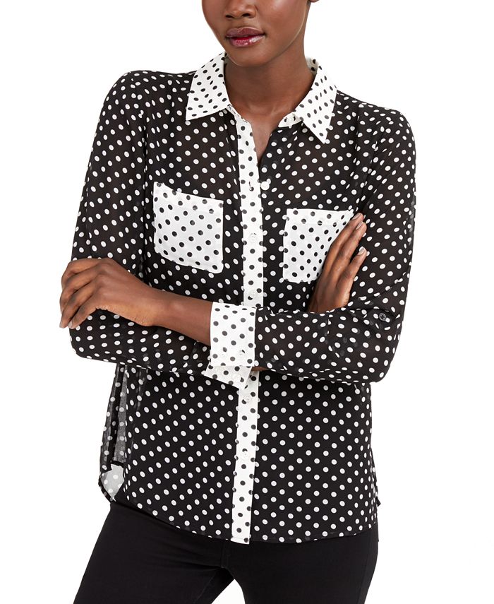 Blusa feminina INC com botões e estampa de bolinhas, preta, tamanho grande