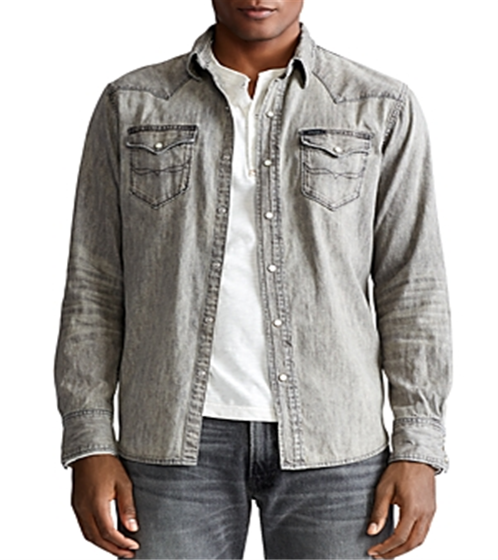 Camisa esportiva masculina jeans estilo western Polo Ralph Lauren cinza tamanho médio