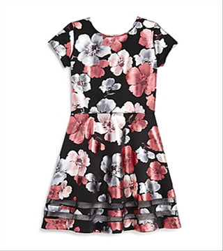 Vestido estampado floral metálico Aqua para meninas, tamanho grande, preto, pequeno