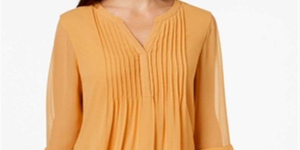 Charter Club feminino pequeno com babados duplos e blusa lisa com pregas, tamanho pequeno M, amarelo