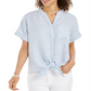 Camisa feminina Charter Club de linho com botões frontais e amarração, tamanho X-G, azul