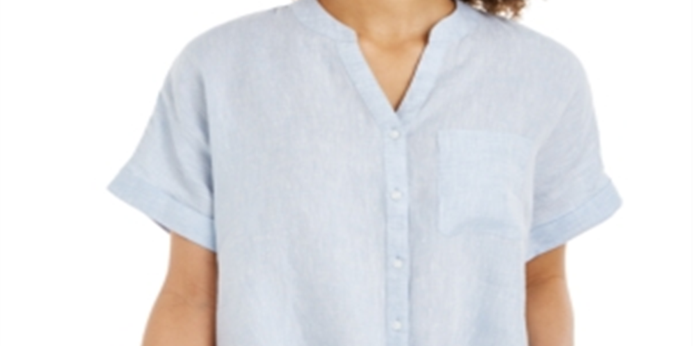 Camisa feminina Charter Club de linho com botões frontais e amarração, tamanho X-G, azul