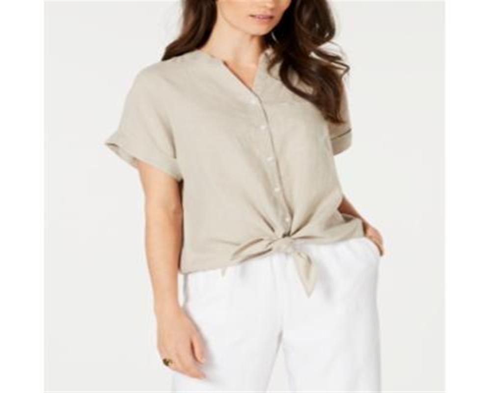Camisa feminina Charter Club de linho com amarração frontal, marrom, tamanho GG