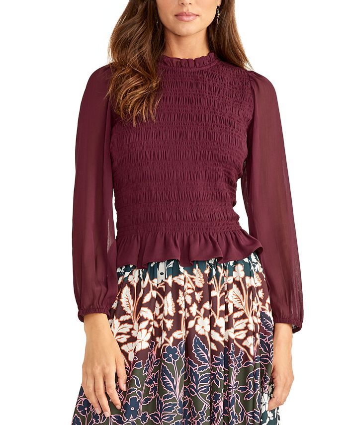 Blusa feminina Rachel Roy de manga comprida com babados, vinho, tamanho XS