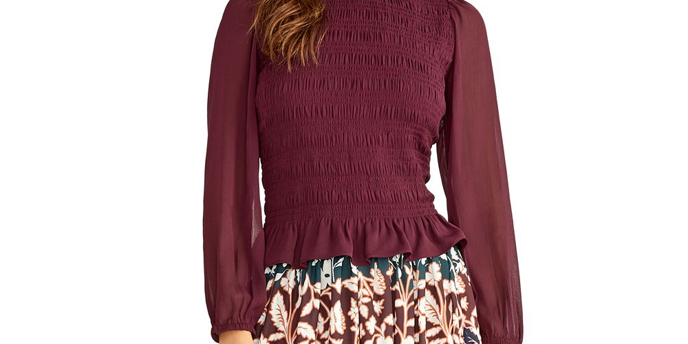 Blusa feminina Rachel Roy de manga comprida com babados, vinho, tamanho XS