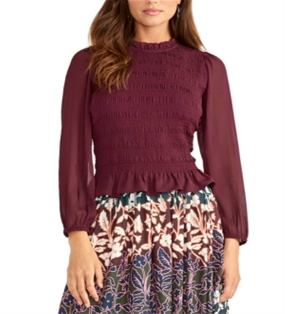 Blusa feminina Rachel Roy de manga comprida com babados, vinho, tamanho XS