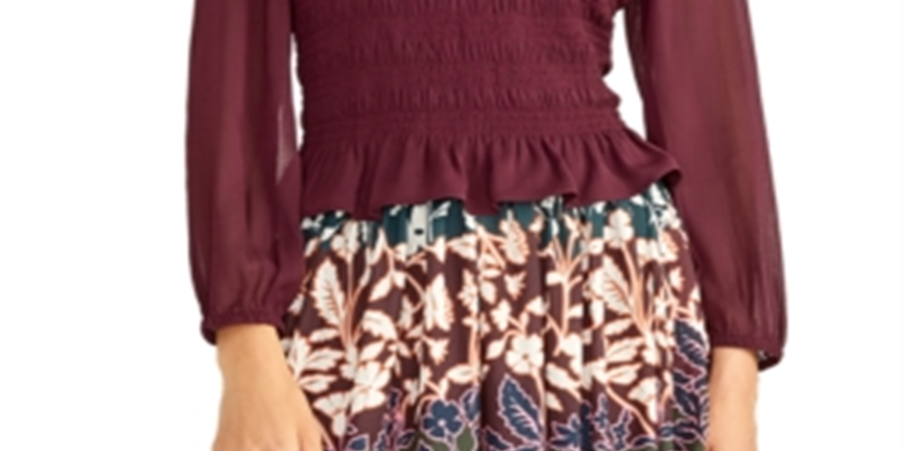 Blusa feminina Rachel Roy de manga comprida com babados, vinho, tamanho XS