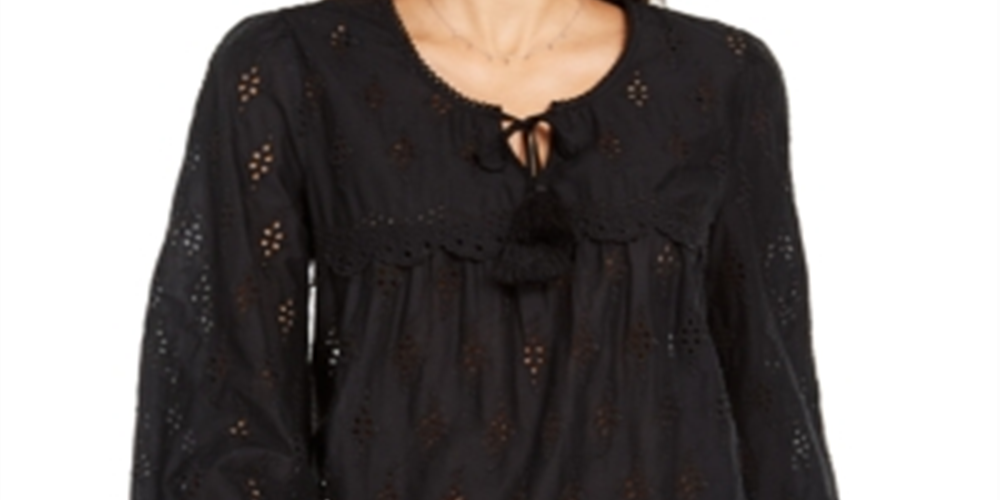 Blusa feminina com ilhós e borlas Style &amp; Co, preta, tamanho PP