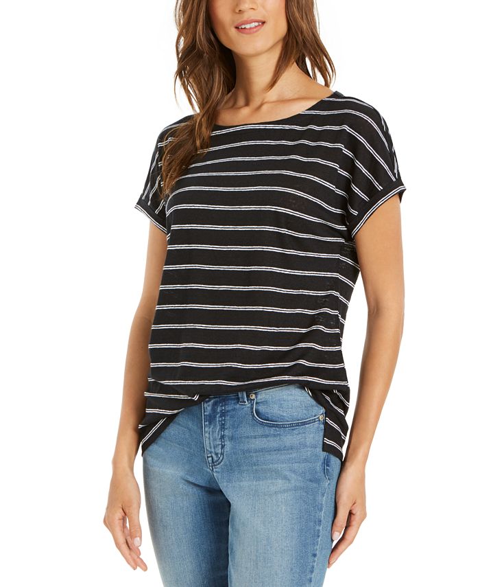 Blusa listrada de linho feminina Charter Club, preta, tamanho grande