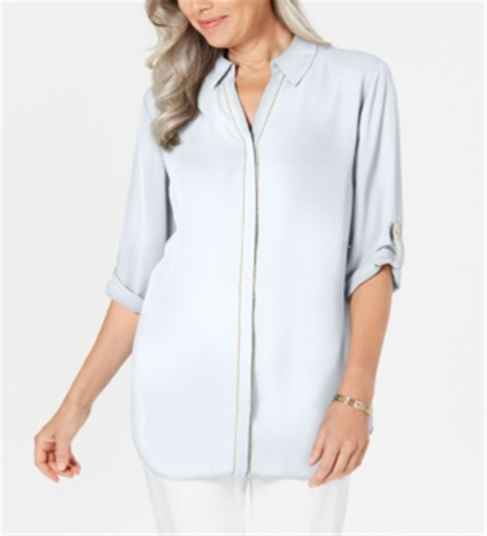 JM Collection Top Feminino com Botões e Acabamento Caviar Azul Tamanho Médio