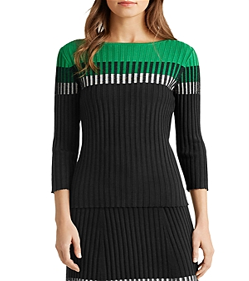 Suéter canelado Ralph Lauren feminino com blocos de cores, preto, tamanho XX-G