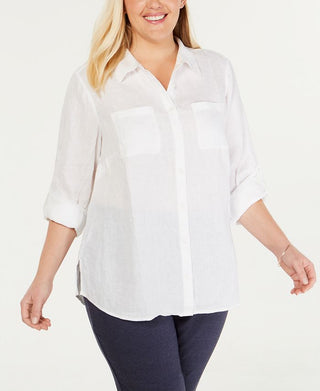 Camisa utilitária feminina Charter Club Plus Linen, branca, tamanho 1X