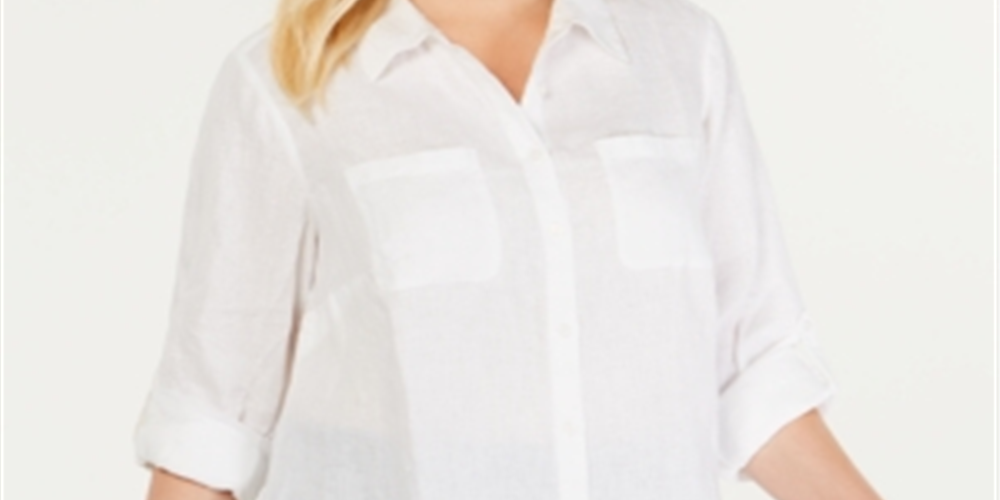 Camisa utilitária feminina Charter Club Plus Linen, branca, tamanho 1X