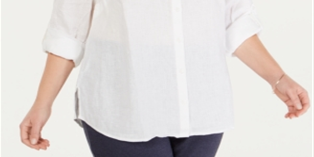 Camisa utilitária feminina Charter Club Plus Linen, branca, tamanho 1X