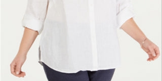 Camisa utilitária feminina Charter Club Plus Linen, branca, tamanho 1X