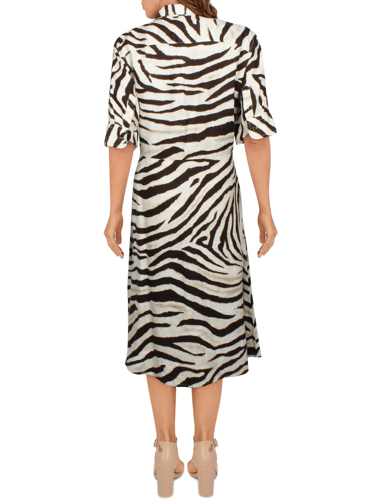 Vestido feminino Ralph Lauren com estampa animal e cintura amarrada, manga curta, decote em V, comprimento até o joelho, marrom, tamanho 16