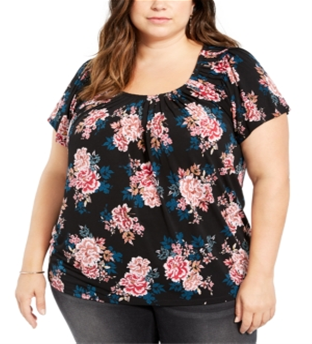 Blusa plissada com estampa plus size feminina Style &amp; Co, preta, tamanho 0X