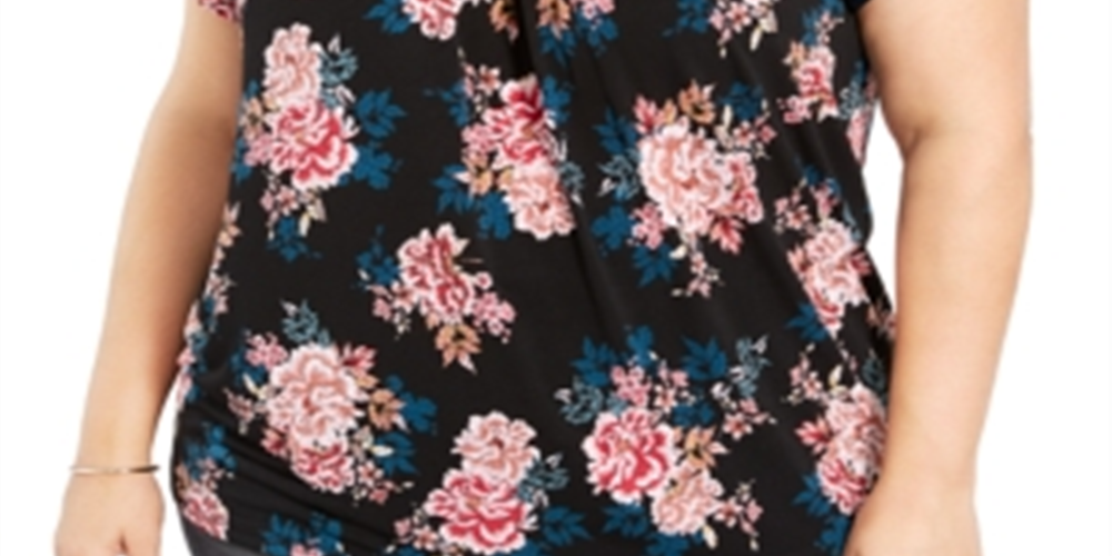 Blusa plissada com estampa plus size feminina Style &amp; Co, preta, tamanho 0X