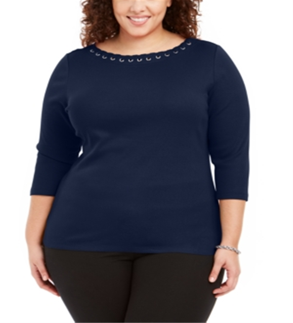 Karen Scott Top Feminino Plus Size Azul com Renda e Ilhós em Algodão Tamanho 1X