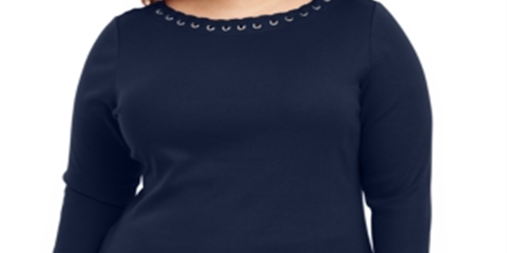 Karen Scott Top Feminino Plus Size Azul com Renda e Ilhós em Algodão Tamanho 1X