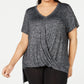Camiseta Calvin Klein Feminina Plus Size Drapeada Gola V Cinza Tamanho 1X