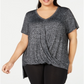 Camiseta Calvin Klein Feminina Plus Size Drapeada Gola V Cinza Tamanho 1X