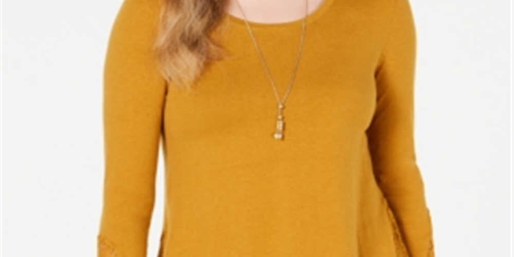 Túnica feminina estilo &amp; co, decote redondo, manga comprida, renda transparente, tamanho pequeno, amarela