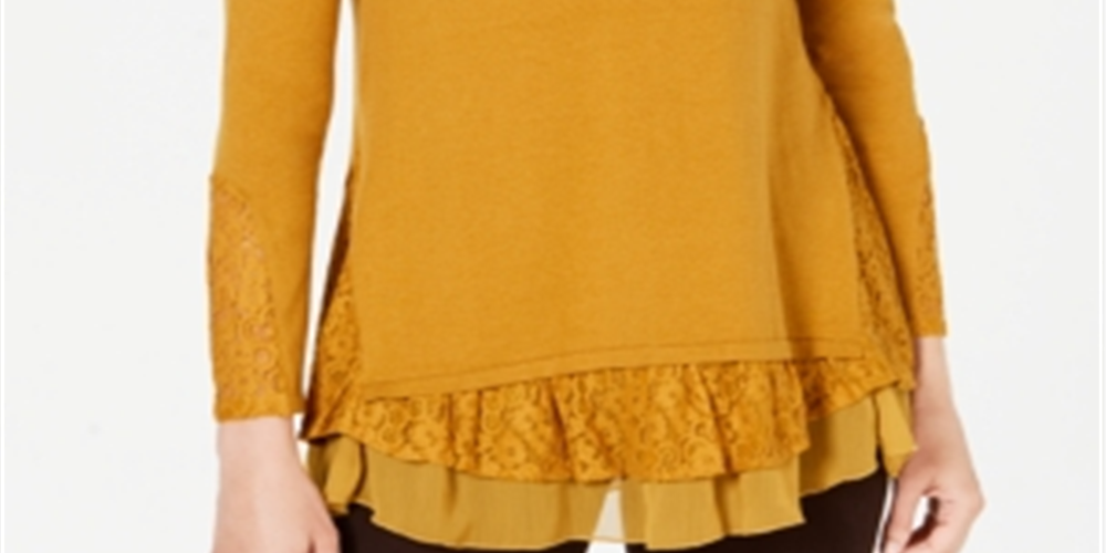 Túnica feminina estilo &amp; co, decote redondo, manga comprida, renda transparente, tamanho pequeno, amarela