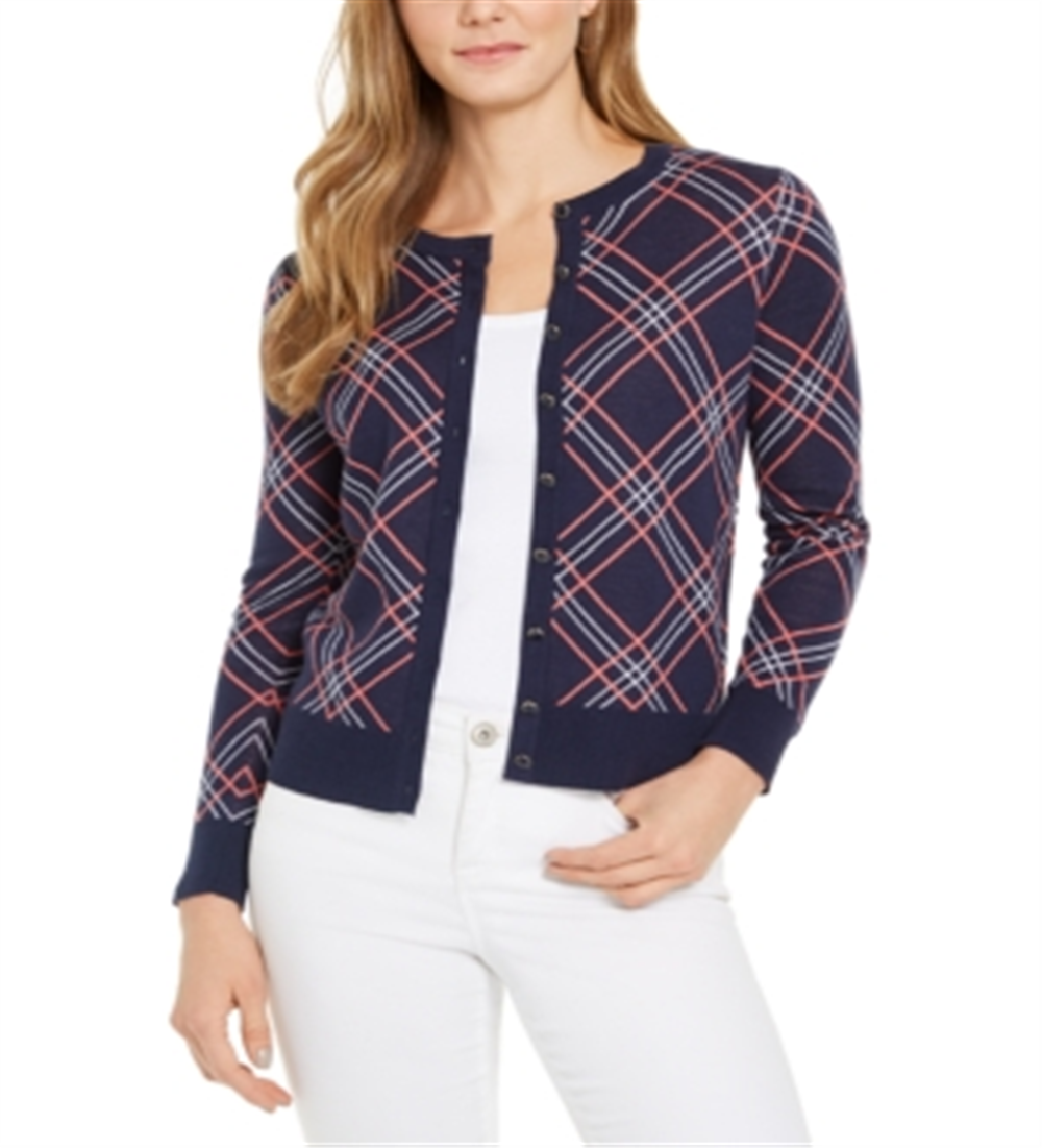 Cardigan xadrez feminino Charter Club, azul, tamanho GG