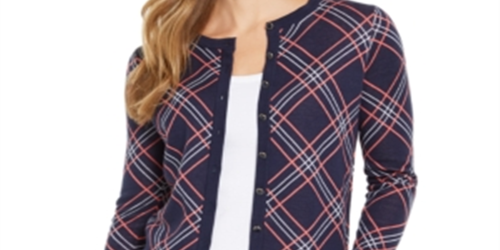 Cardigan xadrez feminino Charter Club, azul, tamanho GG