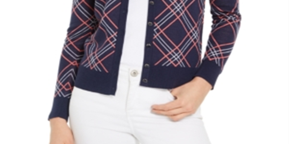 Cardigan xadrez feminino Charter Club, azul, tamanho GG