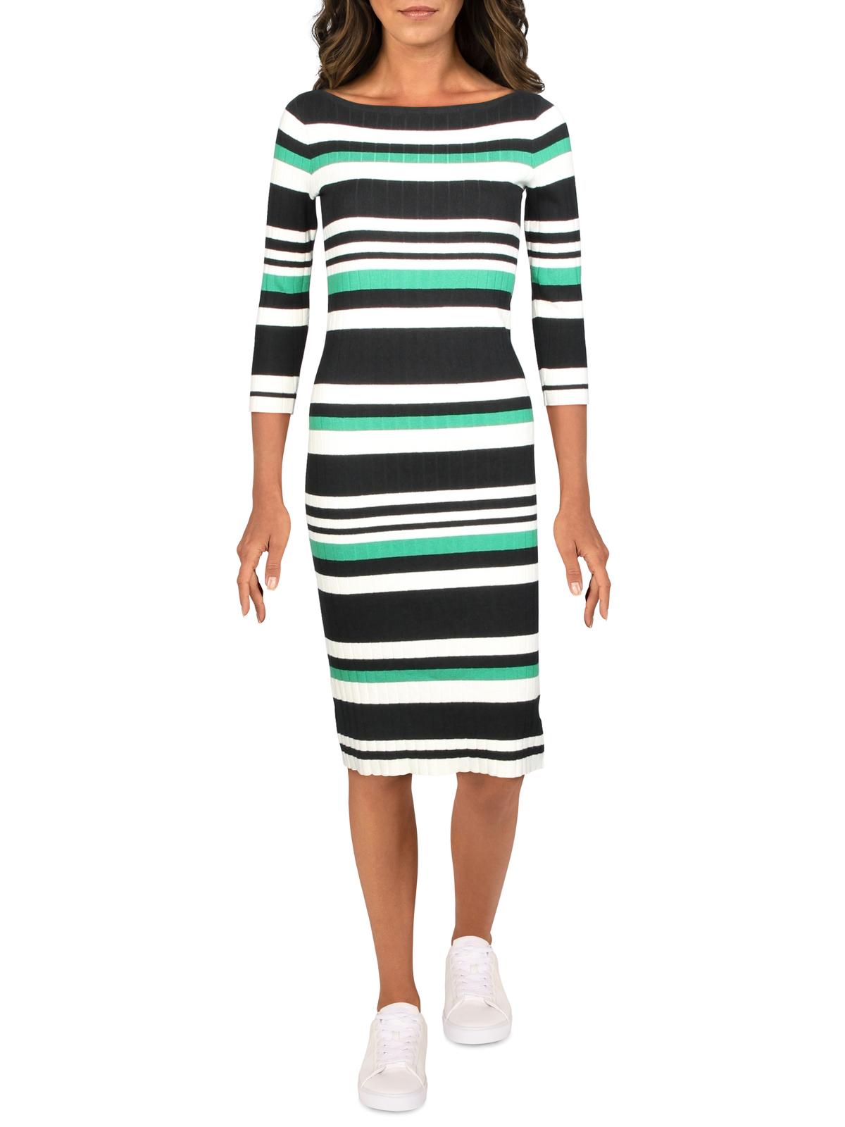 Vestido Ralph Lauren Feminino Listrado Manga 3/4 Decote Canoa Abaixo do Joelho Bodycon Verde Tamanho Grande
