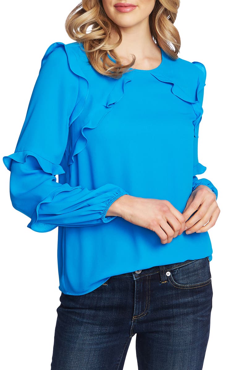 Blusa feminina CeCe com babados e manga comprida, azul, tamanho X-G