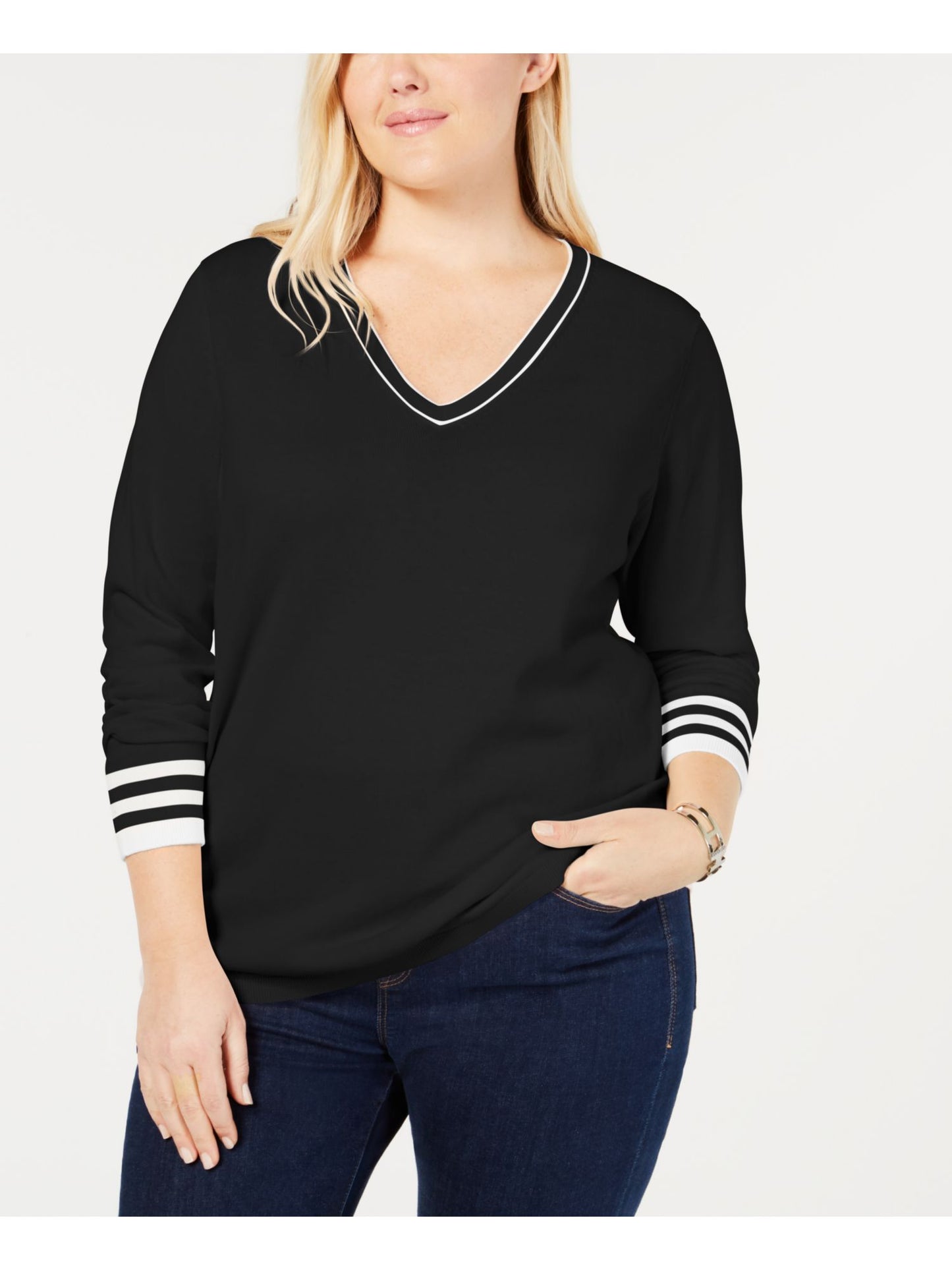 Suéter feminino Tommy Hilfiger de manga comprida com decote em V, preto, tamanho 3X