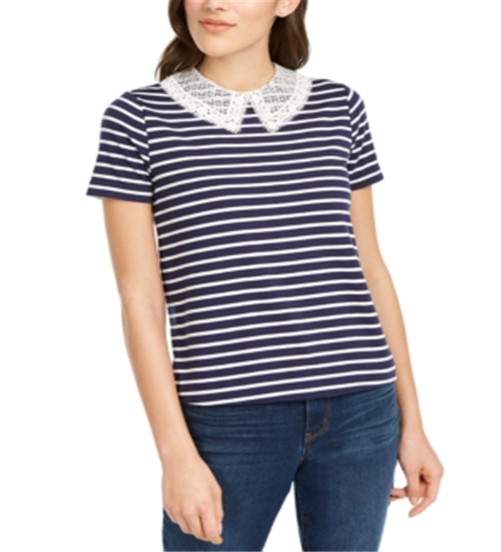 Blusa feminina listrada com acabamento em renda Maison Jules, azul, tamanho X-S