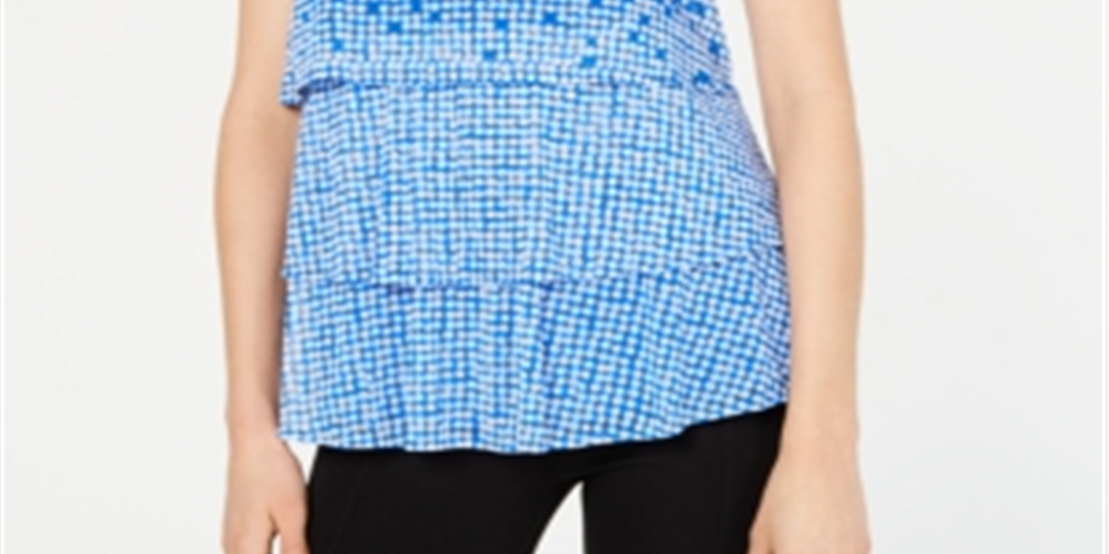 Blusa feminina Alfani com decote redondo e bolinhas em camadas, azul, tamanho M