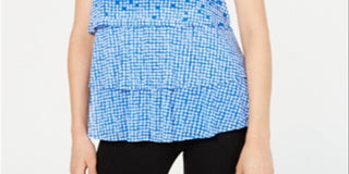 Blusa feminina Alfani com decote redondo e bolinhas em camadas, azul, tamanho M