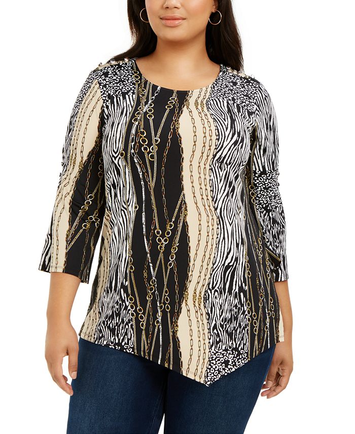 Blusa assimétrica feminina estampada plus size 3/4 da NY Collection, preta, tamanho 3X