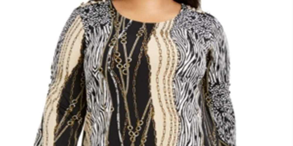 Blusa assimétrica feminina estampada plus size 3/4 da NY Collection, preta, tamanho 3X