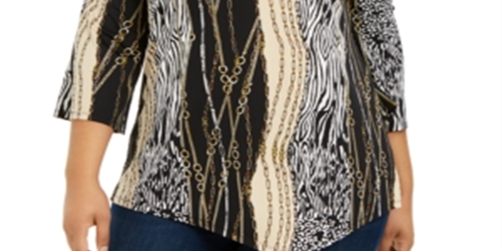 Blusa assimétrica feminina estampada plus size 3/4 da NY Collection, preta, tamanho 3X