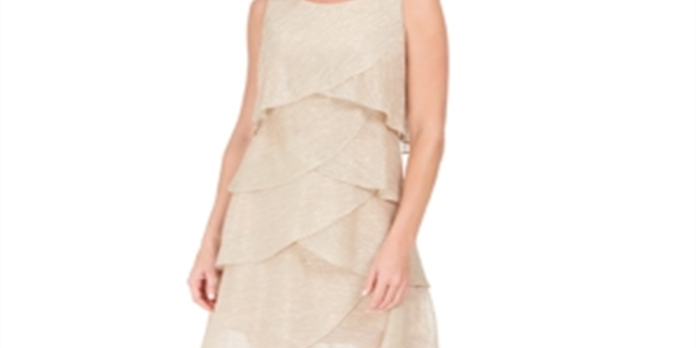 Vestido feminino SLNY com estampa metálica e decote em camadas, bege, tamanho 6