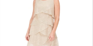 Vestido feminino SLNY com estampa metálica e decote em camadas, bege, tamanho 6