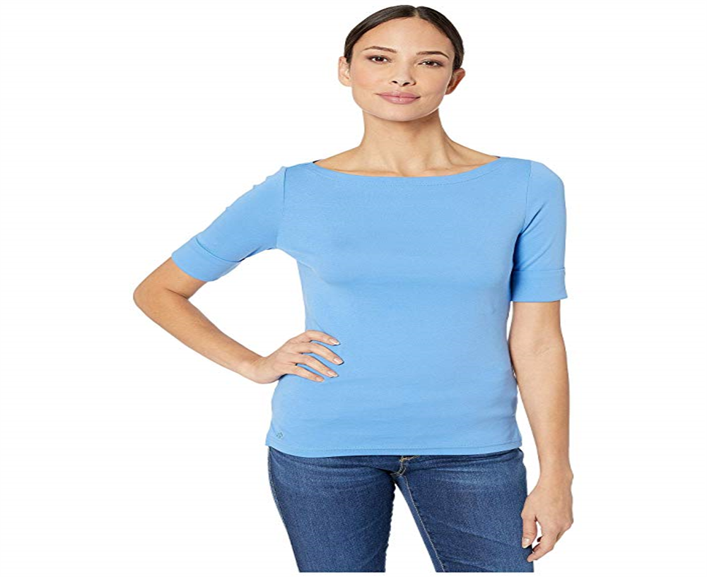 Blusa feminina Lauren by Ralph Lauren com manga dobrada macia, azul, tamanho GG